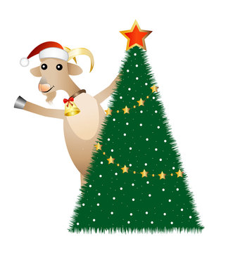 merry goat and christmas tree