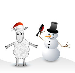 merry sheep, snow man and bullfinch
