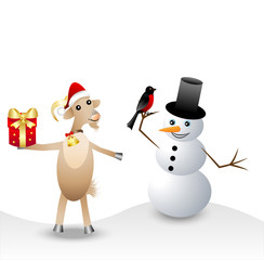merry goat with a gift, snow man and bullfinch