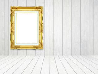 golden frame in room with white wood wall and wood floor backgro