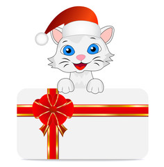 merry kitten in a christmas cap and greeting-card