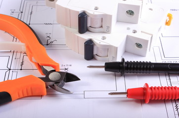 Cables and electric fuse on construction drawing