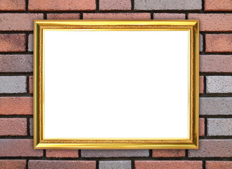 golden frame on brick stone wall background