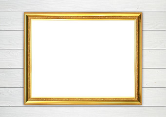 golden frame on wood wall background