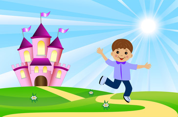 merry boy and fairy-tale palace on a green lawn