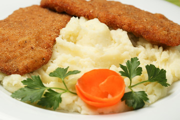Fried steak with mashed potatoes on plate