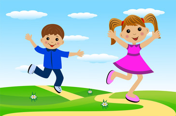 Obraz na płótnie Canvas merry girl and boy hurry on a path
