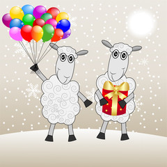 Naklejka premium two merry sheep with a gift and marbles