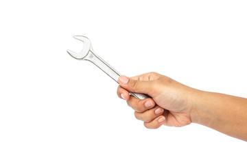 Hand holding wrench isolated on white background.