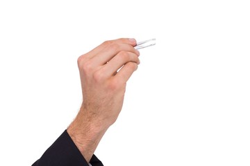 Hand of businessman holding tweezers