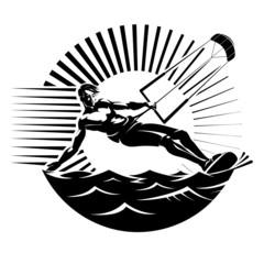 Kite surfing. Vector illustration in the engraving style - obrazy, fototapety, plakaty