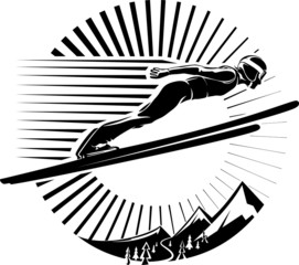 Ski jumping. Vector illustration in the engraving style