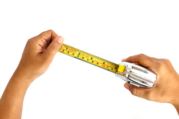 Hand holding measurement tape isolated on white background