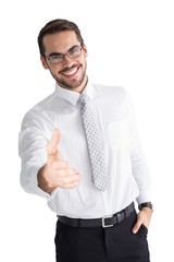 Happy businessman with glasses offering handshake
