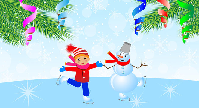 snow man with boy on skates and branches of christmas tree