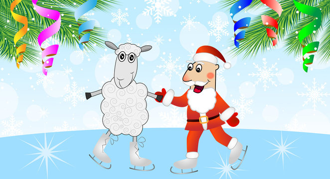 Santa claus with a sheep skates and branches of christmas tree
