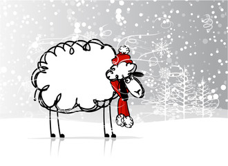 Sheep santa in forest, symbol of new year 2015