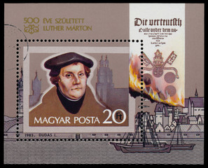Stamp printed in Hungary shows Martin Luther