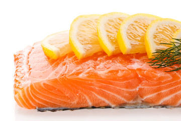 Fresh raw salmon steak on white background