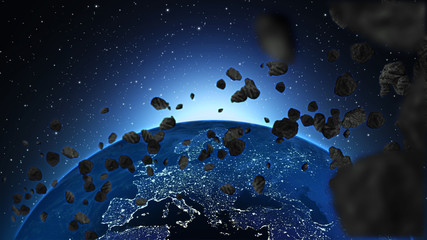 Globe in universe, space, galaxy with asteroids or meteors