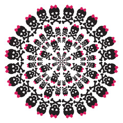 Skull with a pink bow on white background. Circular pattern.