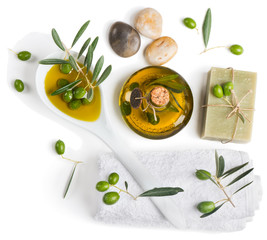 Top view of spa accessories and olives