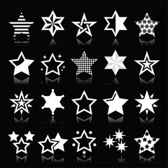 Stars white icons with reflection isolated on black