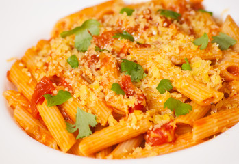 Penne rigate pasta with tomato sauce