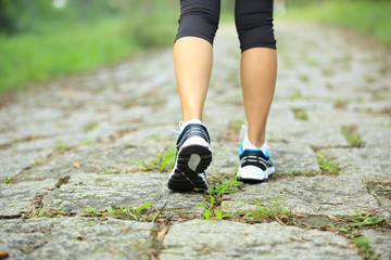Fototapeta na wymiar young fitness woman hiker legs walking on forest trail 
