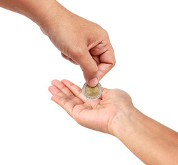 Woman hand holding coin isolates on white background