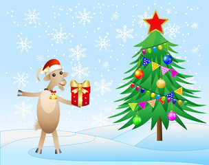 decorated christmas tree and goat with a gift