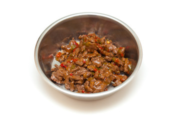 bowl with meat and vegetables for the animals isolated