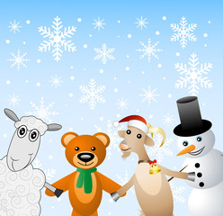 snow man with beasts on a festive background