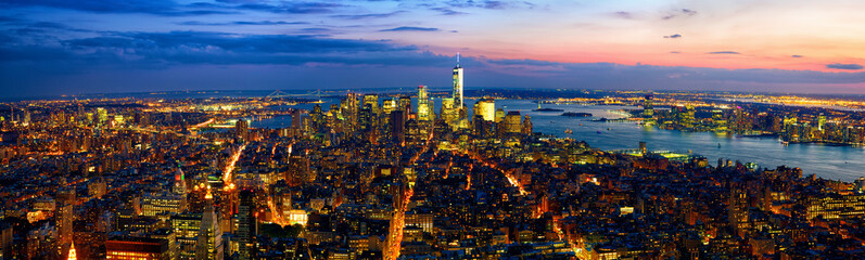 Aerial panoramic view of Manhattan at dusk, New York City