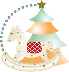 Obraz premium New year wooden horse and christmas tree