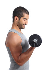 Profile of an arab sports man lifting weights