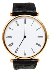 seven o'clock on dial of wristwatch