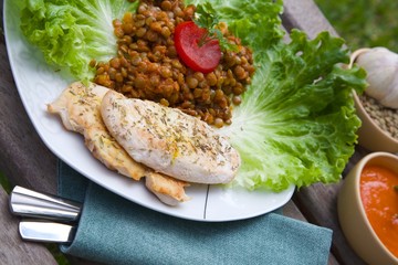 Fitness lunch - stewed green lentils and grilled chicken fillet