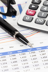 Sales report analysis with pen, calculator, and glasses