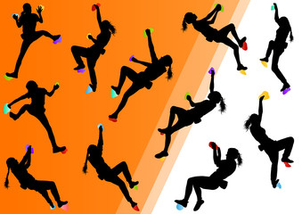 Fototapeta na wymiar Children rock climber sport athletes climbing wall in abstract s
