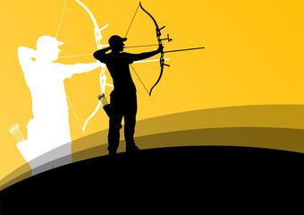 Active young archery sport man and woman silhouettes in abstract