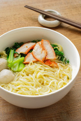 Noodles and meatball with chopsticks , asian noodle
