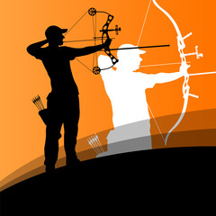 Active young archery sport man and woman silhouettes in abstract