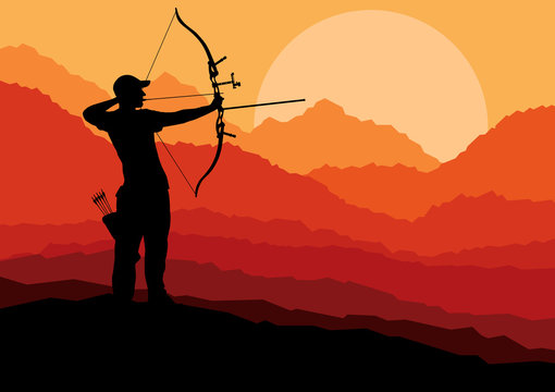 Active archery sport silhouette background vector in nature conc