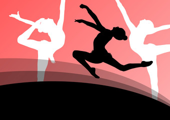 Active young girl gymnasts silhouettes in acrobatics abstract ba