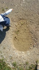 Kind nach Sprung über Pfütze
