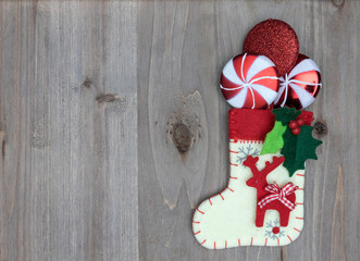 Christmas decorations and sock on wood background. Beautiful Chr