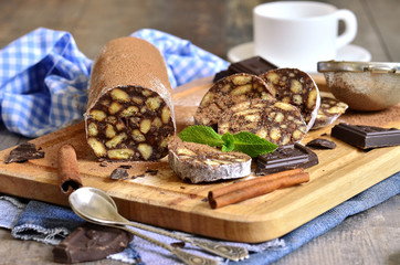 Chocolate salami with biscuits.