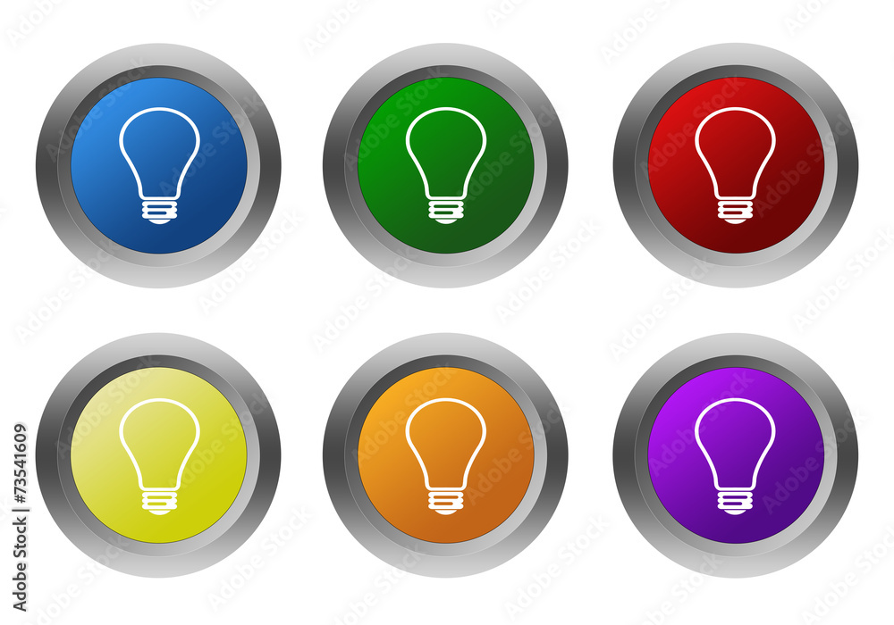 Poster set of rounded colorful buttons with bulb symbol