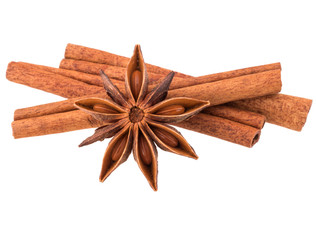 cinnamon stick and star anise spice isolated on white background